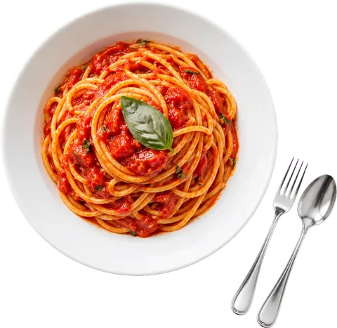 A bowl of spaghetti with tomato sauce and basil