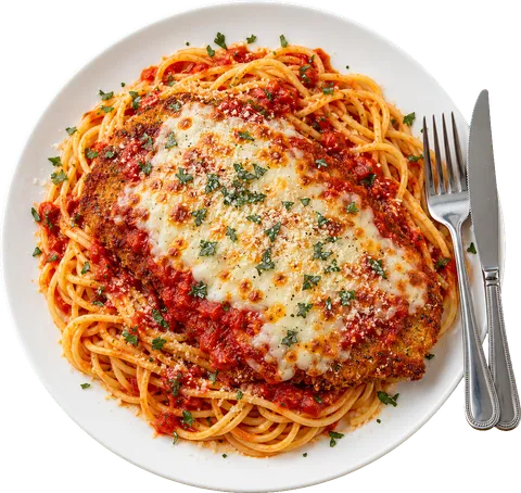 Veal parmigiana over spaghetti