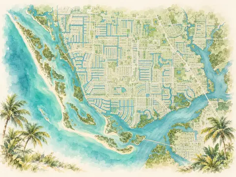 A watercolor map of Cape Coral, Florida with its canals, the river and the Gulf coast