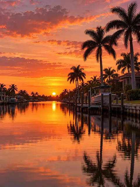 A Cape Coral canal at sunset with palm trees