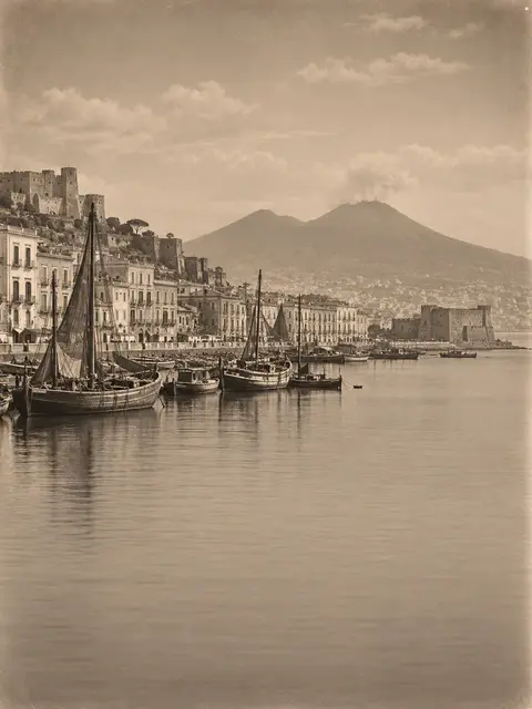 Vintage-style illustration of fishing boats in the Bay of Naples with Mount Vesuvius behind