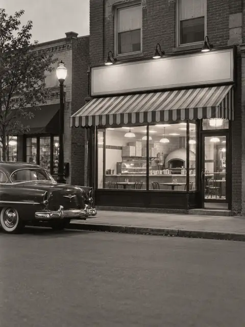 Vintage-style illustration of a small neighborhood pizzeria storefront on a New York main street