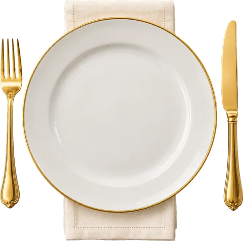 A place setting with a white plate, cream napkin and gold fork and knife