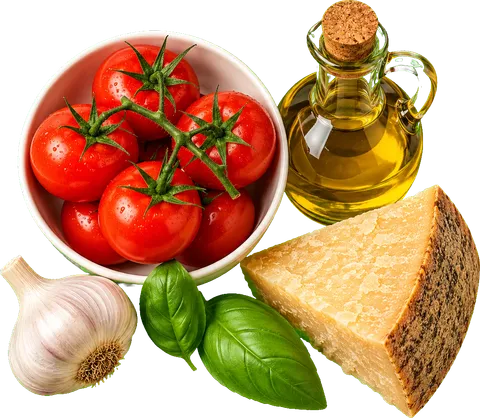 Ripe tomatoes, olive oil, Parmigiano-Reggiano, garlic and basil