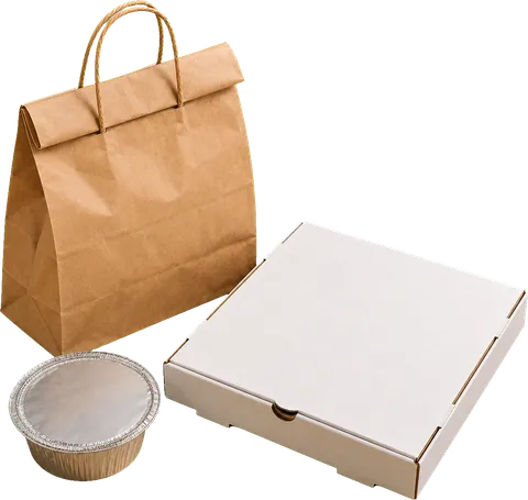A brown paper takeout bag and a pizza box